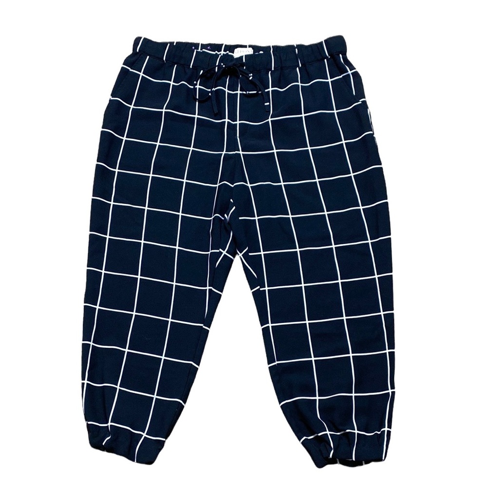 Black White Plaid Cropped Elastic Waist & Ankle Pants L